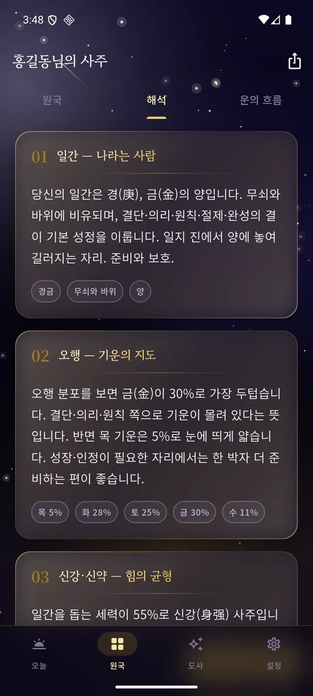해석 화면 — 일간·오행 분포·신강신약을 풀어 놓은 문단 카드